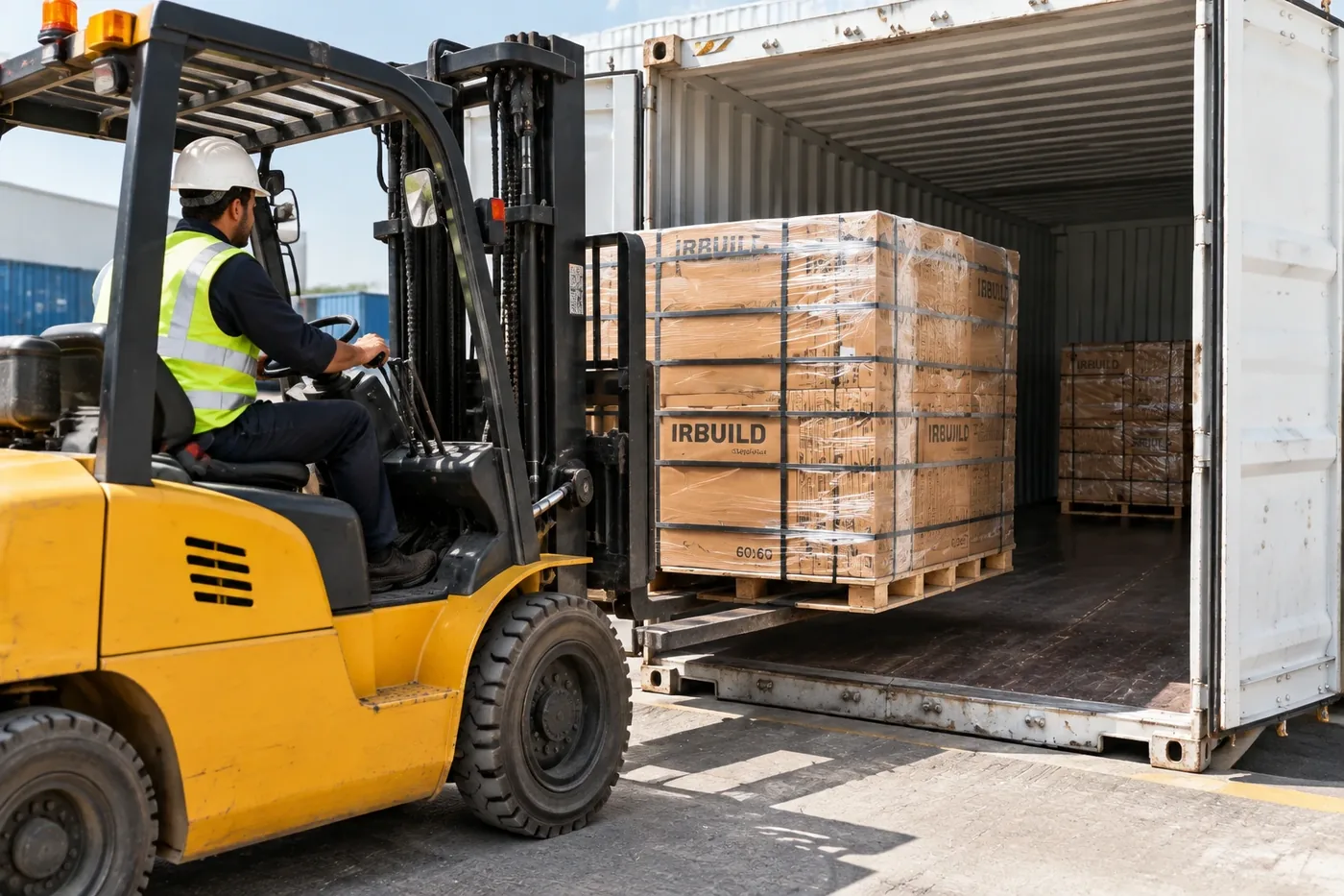 Forklift loading a palletized tile shipment into an export container