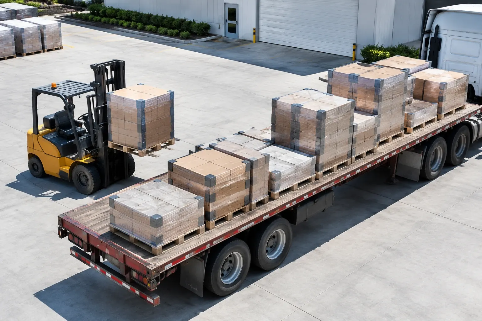 Forklift loading pallets of tile cartons in different sizes onto a flatbed truck for one mixed load