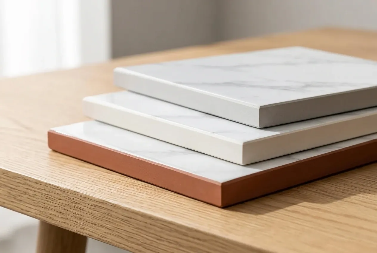 Red body, white body and porcelain tiles stacked to show their body colours, each with the same marble-look glazed face